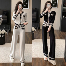 批发小香风优雅名媛减龄针织套装秋季新款<b class='q'>时尚</b>气质上衣阔腿裤两件套女