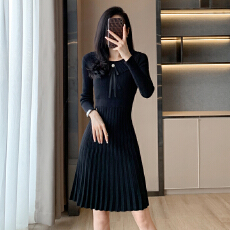 批发淑女气质小香风蝴蝶结领<b class='q'>百褶</b><b class='q'>连衣裙</b>秋装新款黑色收腰显瘦<b class='q'>连衣裙</b>女