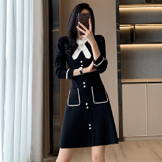 批发优雅气质减龄围巾领<b class='q'>连衣裙</b>秋季新款小香风针织裙显瘦打底毛衣裙女