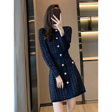 批发轻熟风富家小千金流苏<b class='q'>连衣裙</b>秋装新款蓝色单排扣千鸟格收腰针织裙