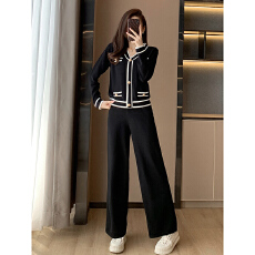 批发港风复古黑白拼色针织开衫阔腿<b class='q'>裤</b><b class='q'>套装</b>秋新款休闲显瘦阔腿<b class='q'>裤</b><b class='q'>两件套</b>