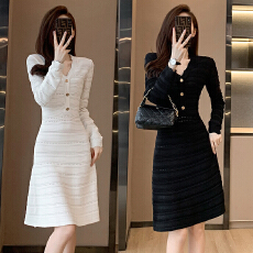 批发小香风高级感镂空V领针织<b class='q'>连衣裙</b>女秋季新款收腰显瘦气质百搭裙子