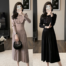 批发小香风轻奢高级感木耳边针织套装裙秋季新款收腰百褶<b class='q'>半身裙</b>两件套