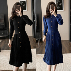 批发小香风复古轻奢高级感显瘦毛衣裙秋装新款单排扣伞摆<b class='q'>百褶</b>针织长裙