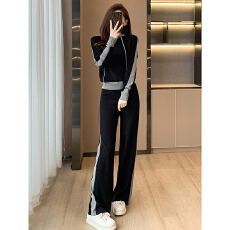 批发早秋新品设计感小众纯欲风连帽卫衣<b class='q'>套装</b>黑色侧<b class='q'>条纹</b>阔腿裤两件套女