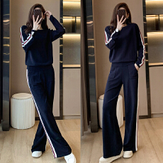 批发欧洲站休闲显瘦侧<b class='q'>条纹</b>圆领针织<b class='q'>套装</b>春装新款气质炸街阔腿裤两件套