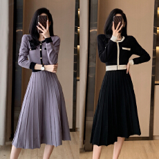 批发名媛小香风淑女大摆针织<b class='q'>连衣裙</b>春季新款气质轻奢撞色高腰<b class='q'>百褶</b>长裙