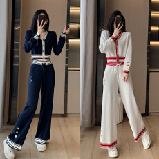 批发<b class='q'>名媛</b>气质小香风辣妹炸街拼色针织<b class='q'>套装</b>秋季新款高级感阔腿裤两件套