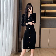批发名媛小香风V领高腰修身显瘦<b class='q'>连衣裙</b>秋装高级感时尚韩版包臀中长裙