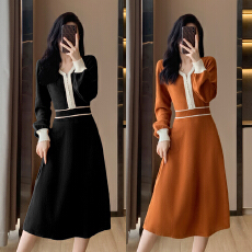 批发2025年秋季新款高腰韩版女潮冬撞色v领中长裙复古<b class='q'>连衣裙</b>