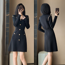 批发优雅气质轻奢高级感单排扣V领小黑裙秋装炸街收腰冰丝针织<b class='q'>连衣裙</b>