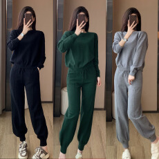 批发欧洲站简约气质纯色针织套<b class='q'>装</b>秋季新款轻奢高级休闲小脚裤两件套<b class='q'>女</b>