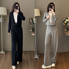 早秋韩系假两件长袖针织衫套装秋季新款时尚洋气收腰通勤两件套女