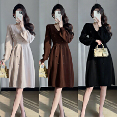 批发小香风复古优雅轻奢<b class='q'>双排扣</b>高腰针织裙秋冬新款气质打底毛衣连衣裙
