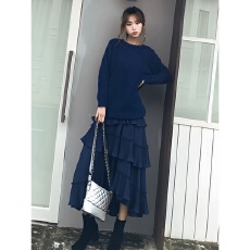 批发韩版新款雾霾蓝宽松露背马海毛衣套装+<b class='q'>吊带</b>中<b class='q'>长款</b>连衣裙两件套