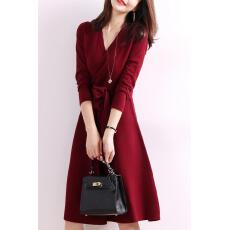 批发优雅淑女风纯色连衣裙秋<b class='q'>冬</b>新款绑带显腰显瘦针织裙百搭日常女