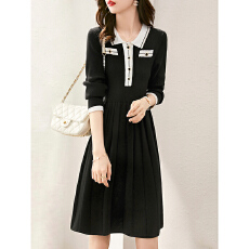 批发小香风黑白<b class='q'>撞色</b>polo领<b class='q'>连衣裙</b>秋季新款气质高级感收腰显瘦针织裙子