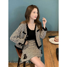 批发法式名媛优雅气质<b class='q'>套装</b>女春季轻奢<b class='q'>千鸟格</b>开衫高腰半身裙两件套