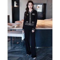 批发港风复古黑白拼色<b class='q'>针织</b><b class='q'>开衫</b>阔腿裤套装秋新款休闲显瘦阔腿裤两件套