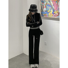 批发复古舒适休闲风设计感小众纯欲风运动服黑色卫衣阔腿裤两件套装女