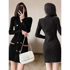 批发2025新款法式名媛小香风针织<b class='q'>连衣裙</b>女气质收腰显瘦裙子v领<b class='q'>打底裙</b>