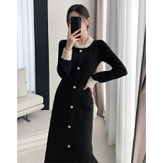 批发法式重工轻奢珍珠扣针织裙秋冬新款名媛高级感时尚气质黑色连衣裙