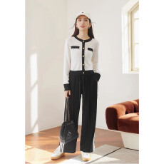 批发小香风轻奢休闲炸街拼色针织<b class='q'>套装</b>春季新款洋气侧<b class='q'>条纹</b>阔腿裤两件套