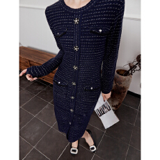 批发法式名媛风时尚气质针织小香风长裙2025秋季新款<b class='q'>宝蓝色</b>打底<b class='q'>连衣裙</b>