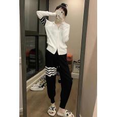 批发韩系运动休闲条纹拼接连帽针织衫套装秋季新款时髦<b class='q'>小脚</b>裤两件套女