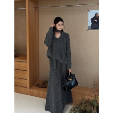 批发慵懒风时尚套装休闲日常穿搭秋冬新款淑女针织两件套V领上衣+长裙