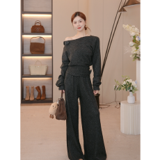 批发休闲慵懒风日常穿搭秋冬新款套<b class='q'>装</b>舒适<b class='q'>百搭</b>针织上衣+阔腿<b class='q'>裤</b><b class='q'>两件套</b>