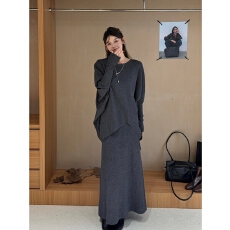 批发慵懒休闲风针织套装秋冬新款松弛风日常百搭女<b class='q'>针织衫</b>+长裙两件套