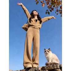 批发韩系简约休闲套装秋冬新款舒适百搭日常穿搭显瘦女开衫长裤<b class='q'>两件套</b>