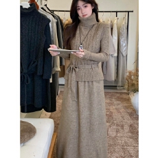 批发复古慵懒风约会穿搭套装秋冬新款休闲舒适女<b class='q'>针织衫</b>马甲长裤三件套