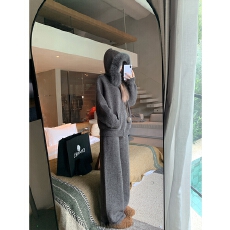 批发秋冬新款必备慵懒套装韩式穿搭舒适日常女毛绒连帽针织长裤两件套