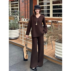 批发优雅复古休闲风穿搭套装2025冬季新款V领打底衫针织长裤两件套女