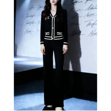 法式休闲复古风显瘦套装秋冬新款舒适纽扣针织开衫+长裤两件套