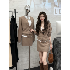 批发法式休闲时尚套装慵懒风<b class='q'>秋</b>冬新款日常针织开衫上衣+短裙两件套