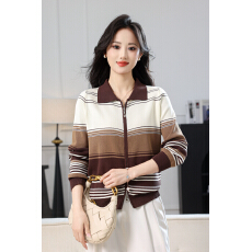 批发2026春装新品双拉链头开衫外贸<b class='q'>条纹</b>翻领休闲时尚外套潮流针织上衣