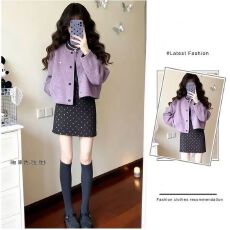 批发2026春季新款套装女紫色御姐长<b class='q'>袖</b>毛呢外套波点半身裙两件套秋冬