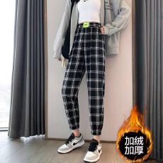批发加绒/不加绒】秋冬<b class='q'>女</b>宽松格子加绒加厚束脚裤网红格子<b class='q'>哈伦裤</b>长裤