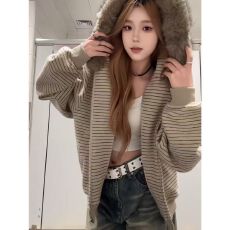 批发美式复古条纹连帽<b class='q'>卫衣</b>外套女秋冬季宽松毛领外穿上衣拉链<b class='q'>开衫</b>ins