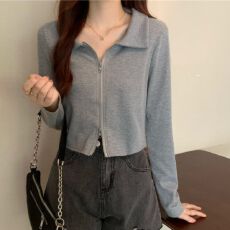 批发polo领双拉链开衫长袖t恤女ins超火设计感<b class='q'>短款</b>上衣