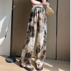 批发2026冰丝阔裤女夏薄款新款中式水墨国风仙女凉凉雪纺印花防晒<b class='q'>裤子</b>