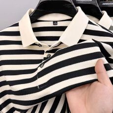 新款透气菠萝纹POLO衫男士短袖夏季新款条纹T恤翻领宽松上衣男