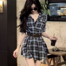 批发【原版面料】初秋复古长袖衬衫连衣裙女秋冬新款收腰A字短裙