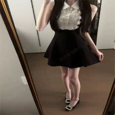 批发富家千金高级感黑色无袖背心<b class='q'>连衣裙</b>夏季蕾丝设计感收腰a字<b class='q'>蓬蓬裙</b>
