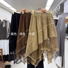 批发设计感时尚百搭不规则蕾丝花边拼接层次感中长款半身裙a字裙女