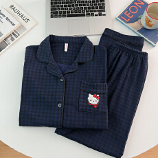 批发德绒蓝格子KT猫睡衣女秋冬季珊瑚绒加绒加厚<b class='q'>长袖</b>春秋款家居服套<b class='q'>装</b>