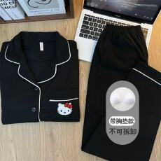 批发带固定胸垫黑色KT猫卡通<b class='q'>睡衣</b>女款2025新款春秋季长袖宽松家居服